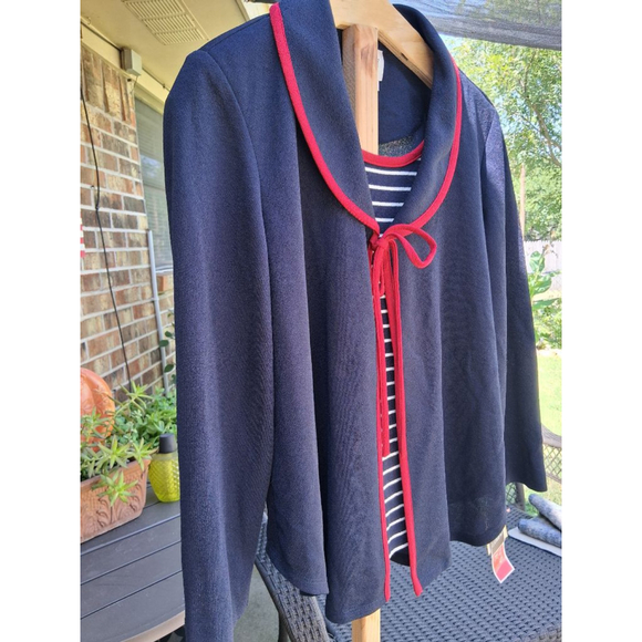 Women's Leslie Fay Petite 14P Navy Blue Red Striped 2-Piece Cardigan Set NWT - Picture 3 of 12